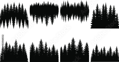 Forest silhouette vector illustration set, spruce and pine trees landscape, black conifer woods, nature background, mountain panorama, graphic design elements, woodland border.