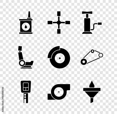 Set Canister for motor oil, Wheel wrench, Car air pump, key with remote, Automotive turbocharger, Funnel and drop, seat and brake disk caliper icon. Vector