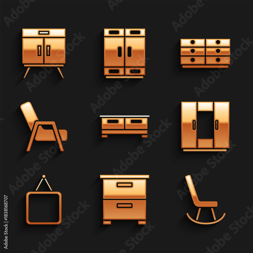 Set Chest of drawers, Furniture nightstand, Armchair, Wardrobe, Mirror, and icon. Vector