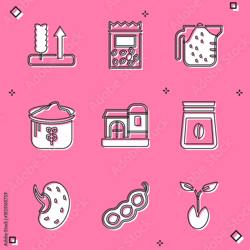 Set Wheat, Pack full of seeds of plant, Measuring cup, Bag flour, Farm house, coffee beans, Seed and Green peas icon. Vector