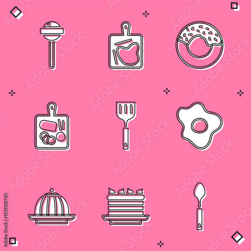 Set Lollipop, Cutting board, Donut, Spatula, Scrambled eggs, Pudding custard and Cake icon. Vector