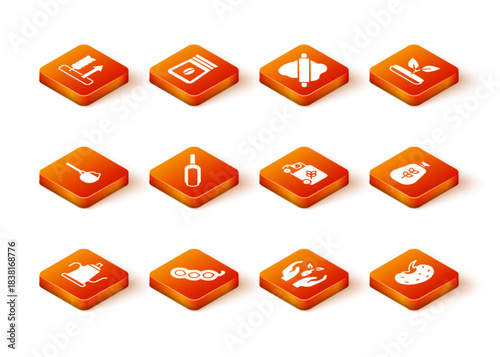 Set Watering can, Green peas, Measuring cup with flour, Scoop, Plant hand, Flour truck, Seed and Bag of icon. Vector