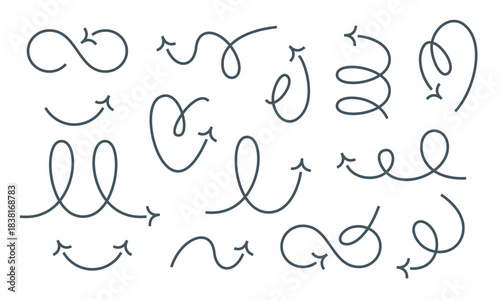 Hand drawn cute arrows on a white background. Set with liquid curve and swirl arrows, rotating up, down, and right, in the shape of a heart. 