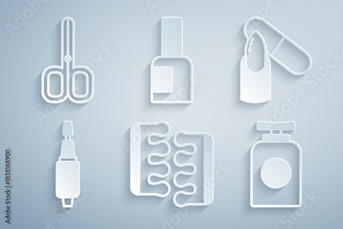 Set Toe separator for pedicure, Nail file, Milling cutter manicure, Tube of hand cream, Bottle nail polish and scissors icon. Vector