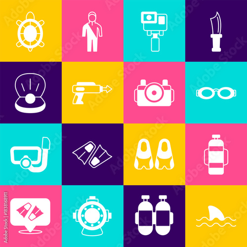 Set Shark, Aqualung, Glasses for swimming, Action extreme camera, Fishing harpoon, Pearl, Turtle and Photo diver icon. Vector