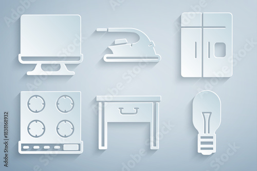 Set Furniture nightstand, Refrigerator, Gas stove, Light bulb, Electric iron and Smart Tv icon. Vector