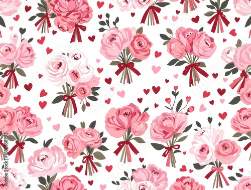 A charming, seamless pattern featuring bouquets of pink roses and scattered red hearts on a white background. Perfect for Valentine's Day or romantic designs.