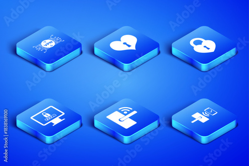 Set Digital door lock with wireless, VPN microchip circuit, , Monitor password, Heart keyhole and Castle in the shape of heart icon. Vector