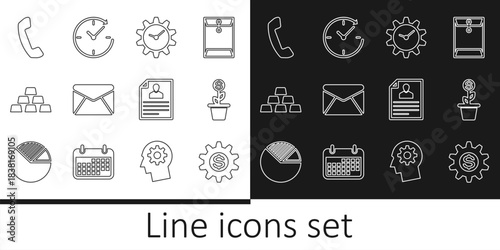 Set line Gear with dollar symbol, Dollar plant in the pot, Time Management, Envelope, Gold bars, Telephone handset, Resume and Clock arrow icon. Vector