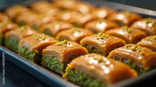 A close-up shot of delicious pistachio baklava pastries arranged neatly on a tray.