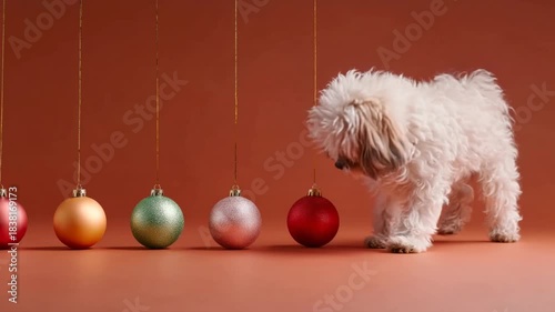 Dog Plays With Christmas Ornaments On Colorful Background