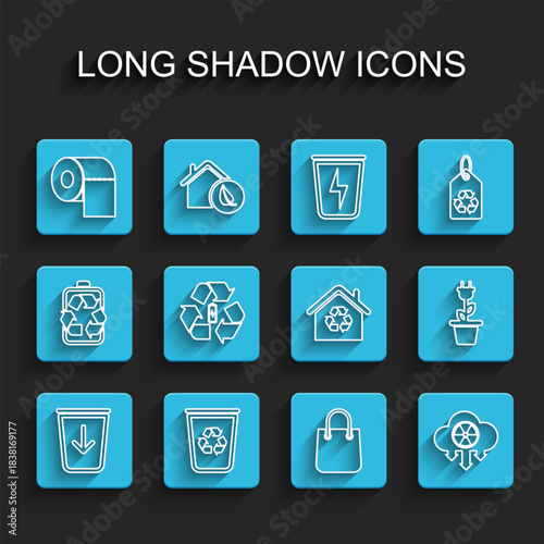 Set line Send to the trash, Recycle bin with recycle, Toilet paper roll, Shopping bag, Acid rain and radioactive cloud, Battery, Electric saving plug pot and Eco House recycling icon. Vector