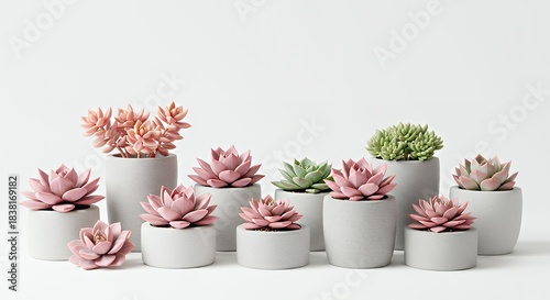 Wallpaper Mural Variety of Pink and Green Succulent Plants in White Ceramic Pots on White Background Torontodigital.ca