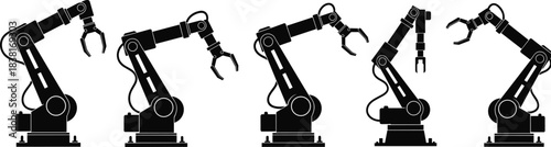 Industrial robotic arm assembly line vector silhouette icon set, manufacturing technology automation concept, black-and-white factory production robots 