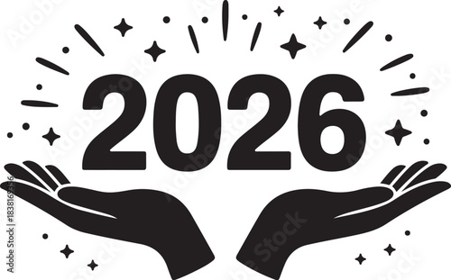 Black 2026 year number held by open hands with sparkles