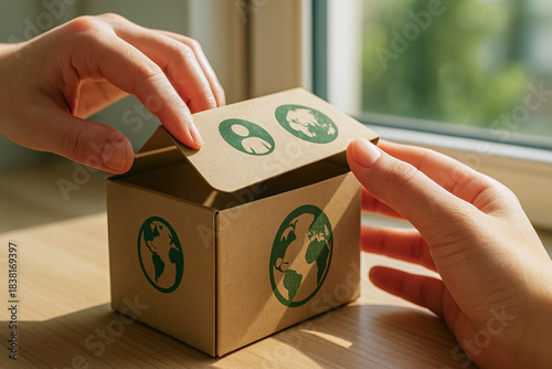Hands opening eco-friendly cardboard box with green planet and people icons concept of sustainable packaging, ethical logistics, and ESG delivery