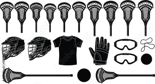 Lacrosse Sports Equipment Collection Vector Illustration Including Helmets, Sticks, Gloves, Goggles, and Ball for Team Game Graphic Design and Logo Element.