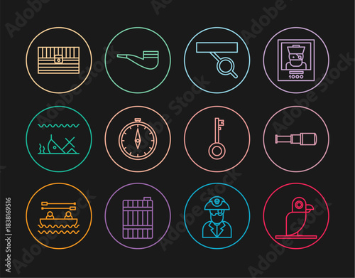 Set line Pirate parrot, Spyglass telescope lens, eye patch, Compass, Sunken ship, Antique treasure chest, key and Smoking pipe icon. Vector
