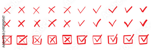 Check tick mark icon set, hand drawn doodle red cross box x check mark green checkbox v, sketch marker checklist symbol right and wrong set - stock vector