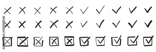 Check tick mark icon set, hand drawn doodle red cross box x check mark green checkbox v, sketch marker checklist symbol right and wrong set - stock vector