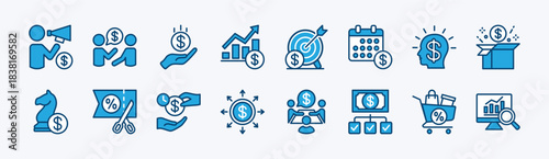 Marketing icon set. Contains advertising, promotion, social media, target, strategy, shopping discount, bonus, management, meeting, analytics, idea, discussion, loan - vector illustration