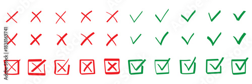 Check tick mark icon set, hand drawn doodle red cross box x check mark green checkbox v, sketch marker checklist symbol right and wrong set - stock vector