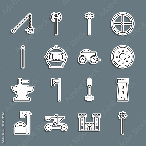 Set line Medieval chained mace ball, Castle tower, Round wooden shield, iron helmet, spear, and Wooden four-wheel cart icon. Vector