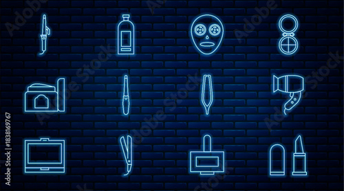 Set line Lipstick, Hair dryer, Facial cosmetic mask, Nail file, Cream tube, Curling iron, Eyebrow tweezers and Bottle of shampoo icon. Vector