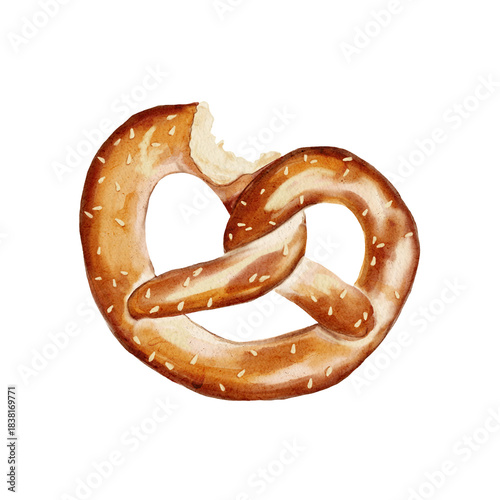 Watercolor illustration of bitten soft pretzel with salt