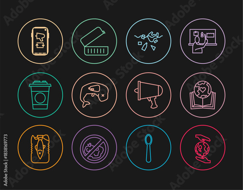 Set line Hands holding Earth globe, book, Problem of pollution planet, Environment protection whale dead, Paper glass, Megaphone mobile, Spread the word, megaphone and Lunch box icon. Vector