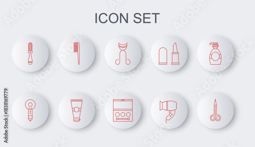Set line Scissors, Hair dryer, Eyelash curler, Hairbrush, Lotion cosmetic tube and shadow palette icon. Vector