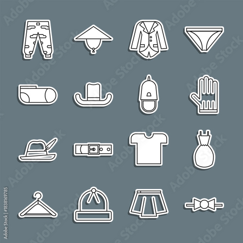 Set line Bow tie, Woman dress, Leather glove, Blazer or jacket, Man hat, Sport socks, Camouflage cargo pants and Police cap with cockade icon. Vector