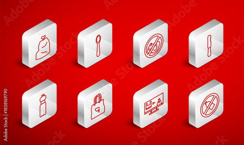 Set line No plastic bottle, Disposable spoon, trash, knife, Stop pollution, Garbage bag, Shopping with recycle and Bottle of water icon. Vector