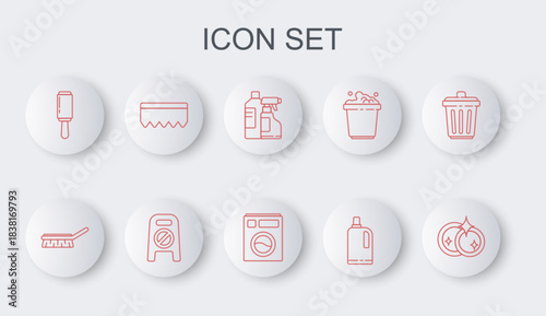 Set line Washing dishes, Brush for cleaning, Bottles agent, Fabric softener, Adhesive roller, Sponge with bubbles, Wet floor and progress and Washer icon. Vector