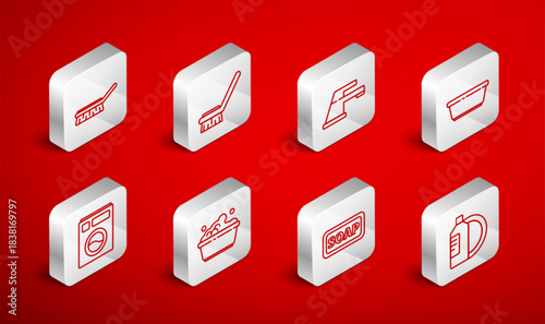 Set line Dishwashing liquid bottle and plate, Brush for cleaning, Water tap, Plastic basin, Bar of soap, with suds and Washer icon. Vector