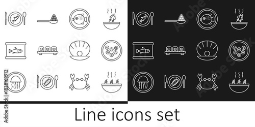 Set line Soup with shrimps, Caviar on a plate, Puffer fish, Sushi cutting board, Canned, Served, Shell pearl and spoon icon. Vector
