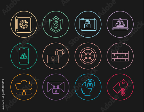 Set line Marked key, Firewall, security wall, Secure your site with HTTPS, SSL, Open padlock, Mobile exclamation mark, Safe, and Shield dollar icon. Vector