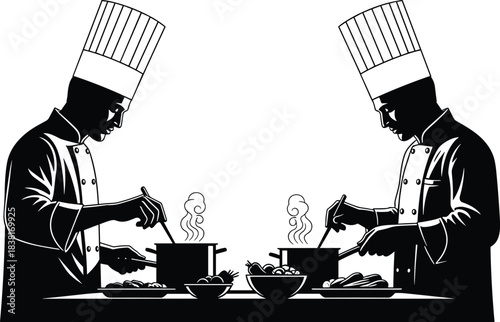 Silhouette of Two Professional Chefs Cooking, Preparing Gourmet Dishes in Restaurant Kitchen, Culinary Art, Cooking Contest, Vector Illustration on White Background, Minimalist Style