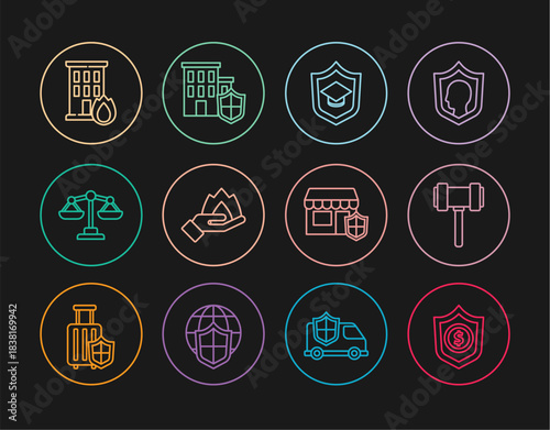 Set line Shield with dollar, Judge gavel, Graduation cap shield, Hand holding fire, Scales of justice, Fire burning house, Shopping building and House icon. Vector