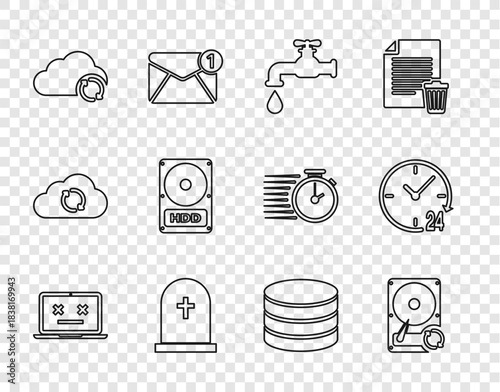 Set line Dead laptop, Hard disk drive HDD sync refresh, Water tap, Tombstone with cross, Cloud, Database and Clock 24 hours icon. Vector
