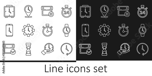 Set line Clock, Wrist watch, Calendar date delete, Time Management, Alarm clock app mobile, Stopwatch and Location with icon. Vector