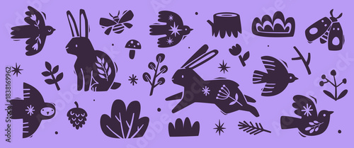 Scandinavian stamp set with forest animals and plants. Mystical folk silhouette collection. Stamp bundle.