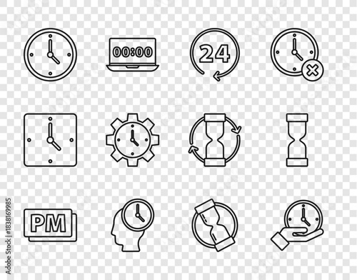 Set line Clock PM, 24 hours, Time Management, Old hourglass and icon. Vector