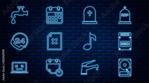 Set line Hard disk drive HDD, SSD card, Tombstone with cross, Delete file document, Telephone 24 hours support, Water tap, Music note, and Calendar icon. Vector