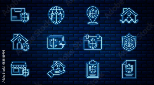 Set line Contract with shield, Shield dollar, Location, Wallet, Fire in burning house, Delivery security, Calendar and world globe icon. Vector