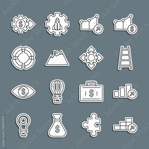 Set line Financial growth, Stair with finish flag, Mountains, Business lifebuoy, Gear dollar and Project team base icon. Vector