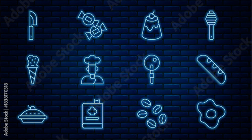 Set line Scrambled eggs, French baguette bread, Pudding custard, Cook, Ice cream waffle cone, Knife, Lollipop and Candy icon. Vector