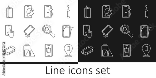 Set line Phone repair service, Glass screen protector, Shockproof phone, System bug and Mobile icon. Vector