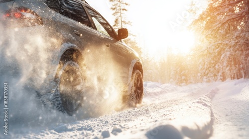 All wheel drive SUV driving through deep snow, snow spraying from all wheels, winter morning light, educational concept