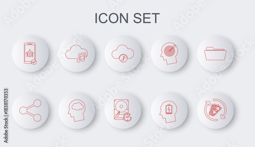Set line Refund money, Share, Music streaming service, Head with low battery, Flight mode the mobile, silhouette cloud and Hard disk drive clockwise icon. Vector